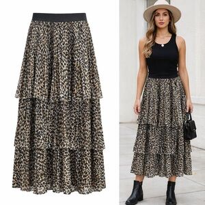 Topshop | Leopard Print Tiered Midi Skirt | Brown Tan Black | Pleated Tiered | 6